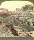 Looking east from Propylaea across ruin-strewn Acropolis to west end of Parthenon.