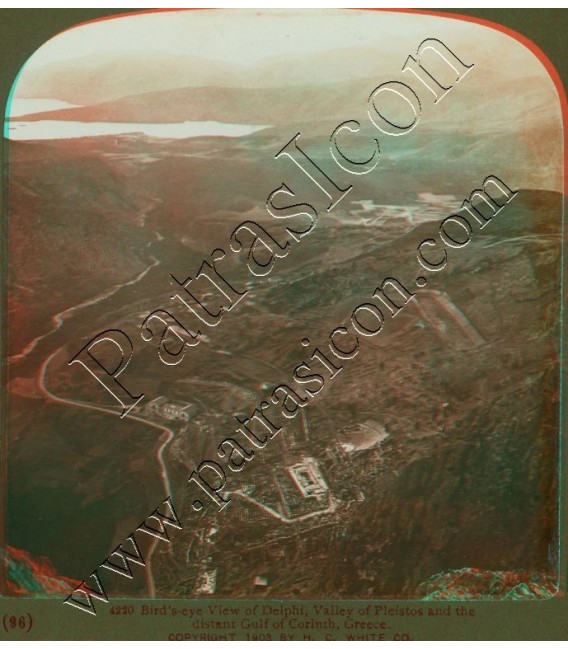 Birds eye view of Delphi. Valley of Pleistos and the distant Gulf of Corinth.